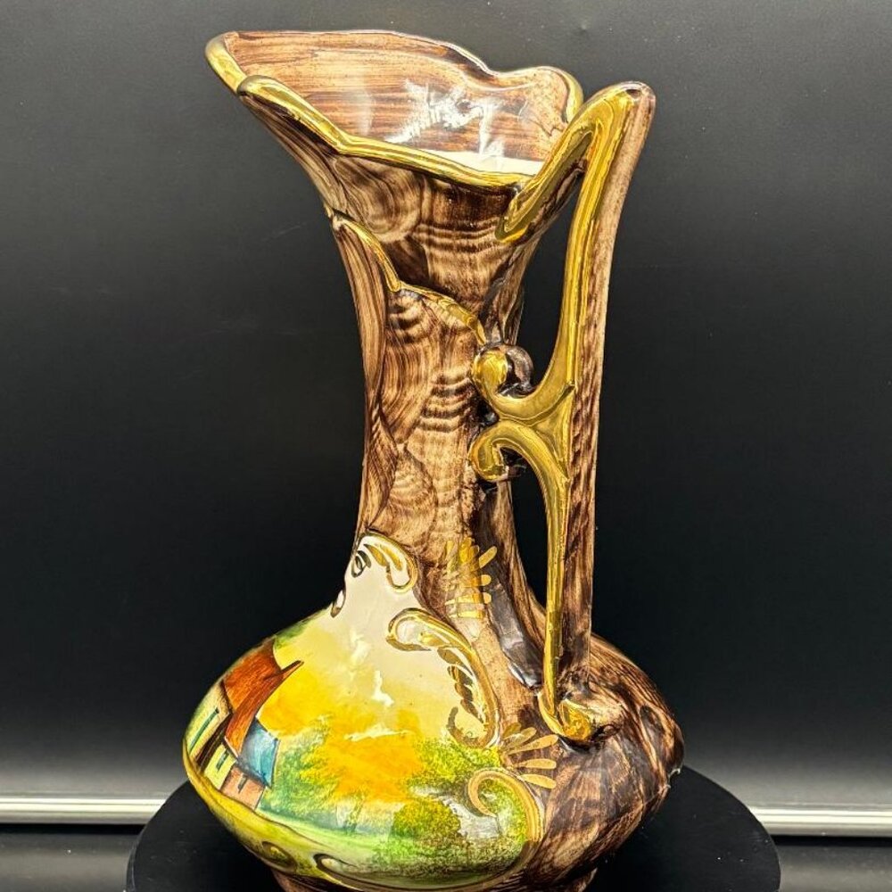 Vintage 1950's Quaregnon Belgium Pottery Hand Painted Ewer Pitcher Vase 10 X 6 - Picture 5 of 10